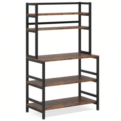 5 - Tier Kitchen Bakers Rack with Hutch 32 Inches Microwave Oven Stand with Shelves standing Kitchen Utility Storage Organizer with Hooks Countertop, Rustic Brown