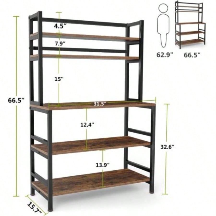 5 - Tier Kitchen Bakers Rack with Hutch 32 Inches Microwave Oven Stand with Shelves standing Kitchen Utility Storage Organizer with Hooks Countertop, Rustic Brown
