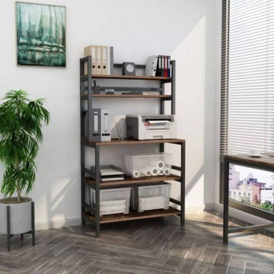 5 - Tier Kitchen Bakers Rack with Hutch 32 Inches Microwave Oven Stand with Shelves standing Kitchen Utility Storage Organizer with Hooks Countertop, Rustic Brown