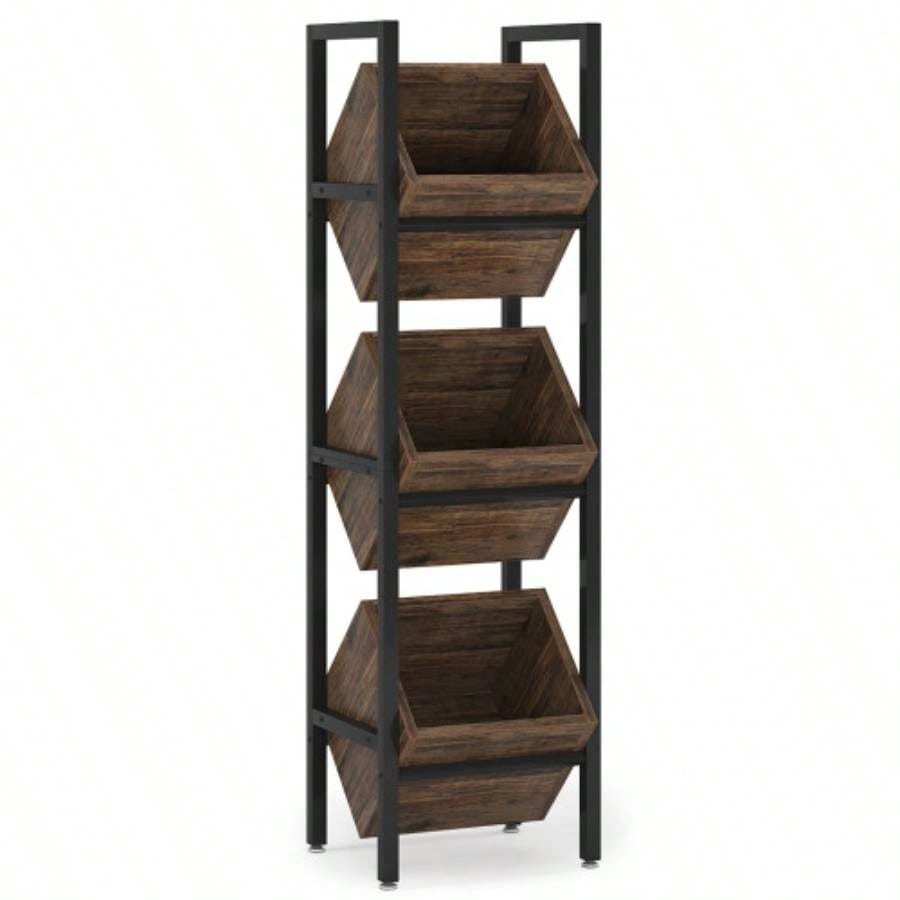 15 3 - Tier Industrial Basket Stand with Angled Baskets - Rustic Vertical Fruit Snack Rack, Standing Storage Tower Organizer Kitchen, Pantry, Bathroom, Living Room - Brown Black