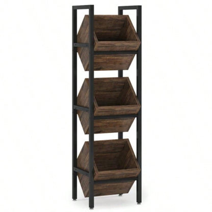 15 3 - Tier Industrial Basket Stand with Angled Baskets - Rustic Vertical Fruit Snack Rack, Standing Storage Tower Organizer Kitchen, Pantry, Bathroom, Living Room - Brown Black