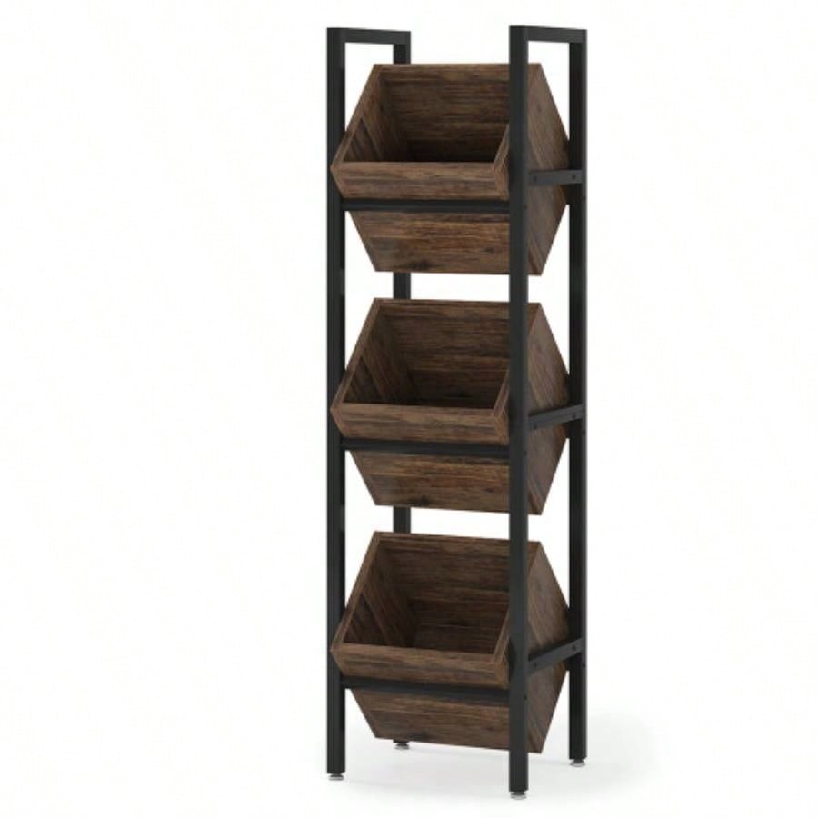 15 3 - Tier Industrial Basket Stand with Angled Baskets - Rustic Vertical Fruit Snack Rack, Standing Storage Tower Organizer Kitchen, Pantry, Bathroom, Living Room - Brown Black