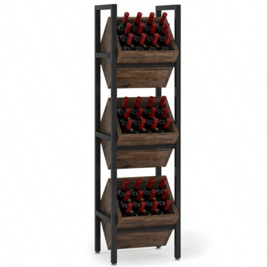 15 3 - Tier Industrial Basket Stand with Angled Baskets - Rustic Vertical Fruit Snack Rack, Standing Storage Tower Organizer Kitchen, Pantry, Bathroom, Living Room - Brown Black
