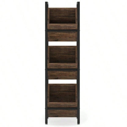 15 3 - Tier Industrial Basket Stand with Angled Baskets - Rustic Vertical Fruit Snack Rack, Standing Storage Tower Organizer Kitchen, Pantry, Bathroom, Living Room - Brown Black