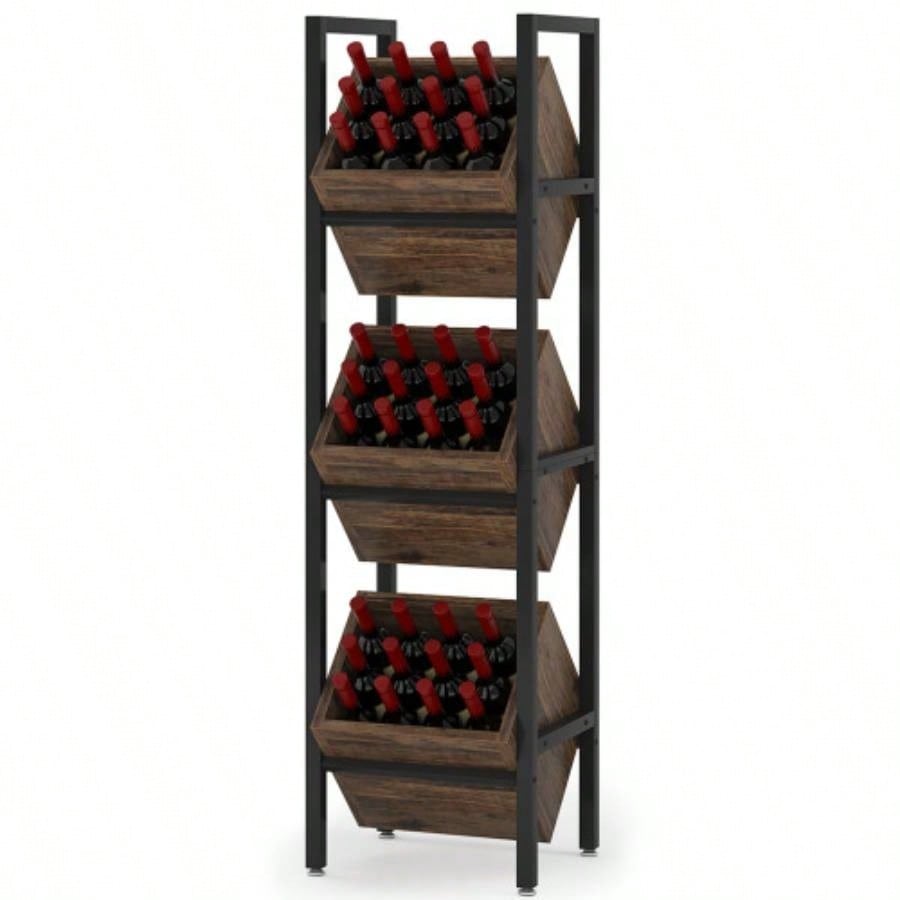 15 3 - Tier Industrial Basket Stand with Angled Baskets - Rustic Vertical Fruit Snack Rack, Standing Storage Tower Organizer Kitchen, Pantry, Bathroom, Living Room - Brown Black