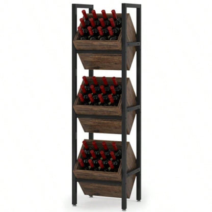 15 3 - Tier Industrial Basket Stand with Angled Baskets - Rustic Vertical Fruit Snack Rack, Standing Storage Tower Organizer Kitchen, Pantry, Bathroom, Living Room - Brown Black