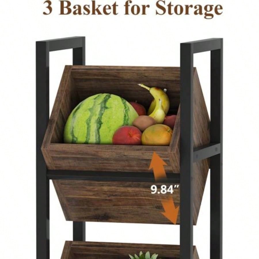 15 3 - Tier Industrial Basket Stand with Angled Baskets - Rustic Vertical Fruit Snack Rack, Standing Storage Tower Organizer Kitchen, Pantry, Bathroom, Living Room - Brown Black