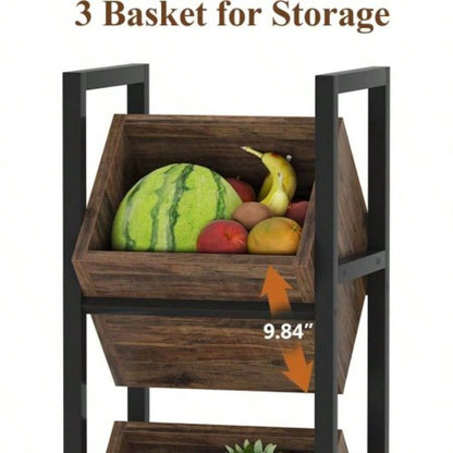 15 3 - Tier Industrial Basket Stand with Angled Baskets - Rustic Vertical Fruit Snack Rack, Standing Storage Tower Organizer Kitchen, Pantry, Bathroom, Living Room - Brown Black