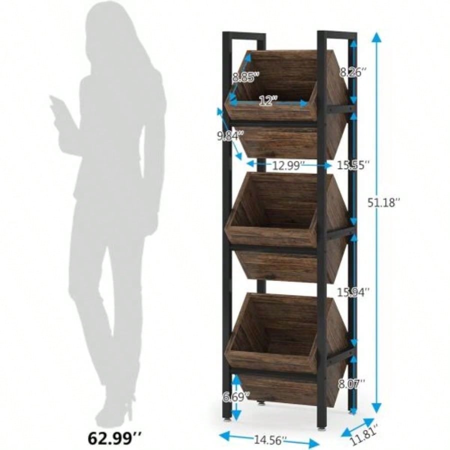 15 3 - Tier Industrial Basket Stand with Angled Baskets - Rustic Vertical Fruit Snack Rack, Standing Storage Tower Organizer Kitchen, Pantry, Bathroom, Living Room - Brown Black