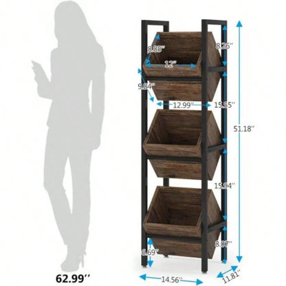 15 3 - Tier Industrial Basket Stand with Angled Baskets - Rustic Vertical Fruit Snack Rack, Standing Storage Tower Organizer Kitchen, Pantry, Bathroom, Living Room - Brown Black