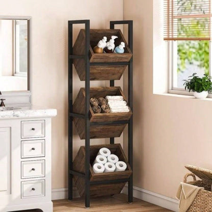 15 3 - Tier Industrial Basket Stand with Angled Baskets - Rustic Vertical Fruit Snack Rack, Standing Storage Tower Organizer Kitchen, Pantry, Bathroom, Living Room - Brown Black