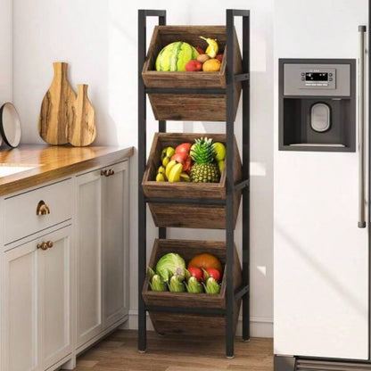 15 3 - Tier Industrial Basket Stand with Angled Baskets - Rustic Vertical Fruit Snack Rack, Standing Storage Tower Organizer Kitchen, Pantry, Bathroom, Living Room - Brown Black