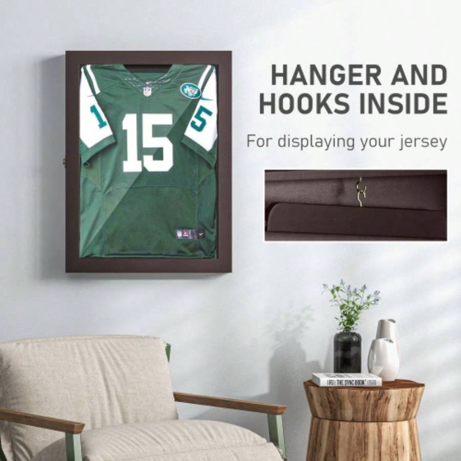 HOMCOM 24x 32 Jersey Display, Wall - Mounted Memorabilia Acrylic Shadow Box with Hanger, Brown