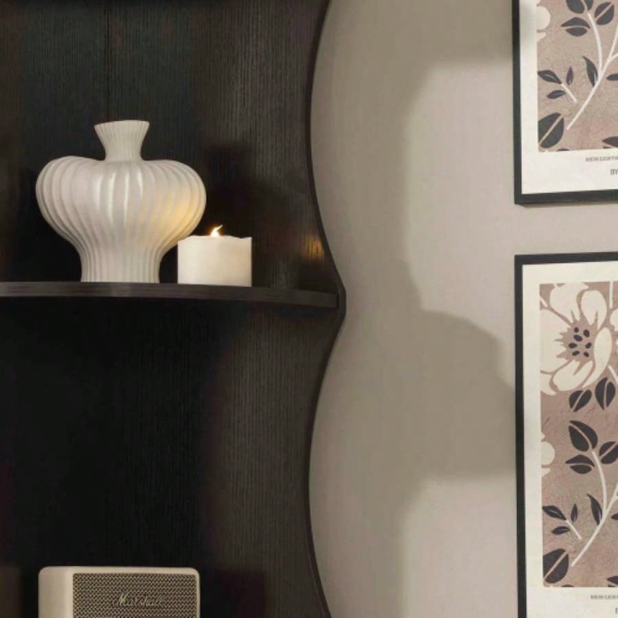 Five shelf corner bookcase rounded shelf fronts quarter circle red cocoa color