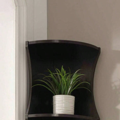 Five shelf corner bookcase rounded shelf fronts quarter circle red cocoa color