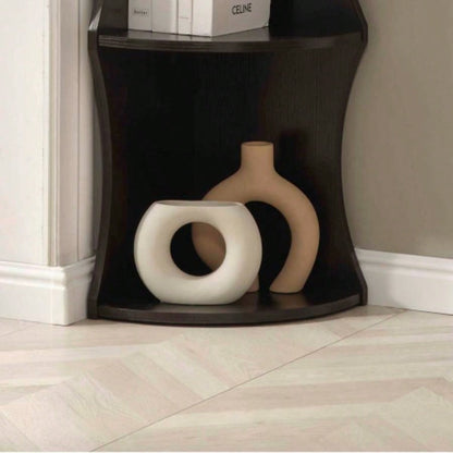 Five shelf corner bookcase rounded shelf fronts quarter circle red cocoa color