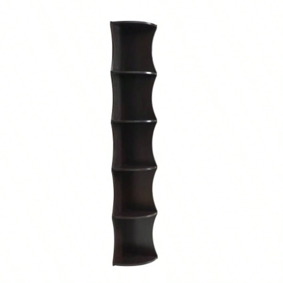 Five shelf corner bookcase rounded shelf fronts quarter circle red cocoa color