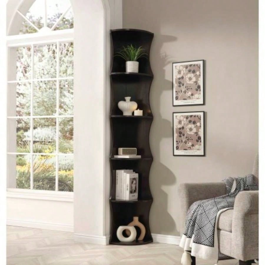 Five shelf corner bookcase rounded shelf fronts quarter circle red cocoa color