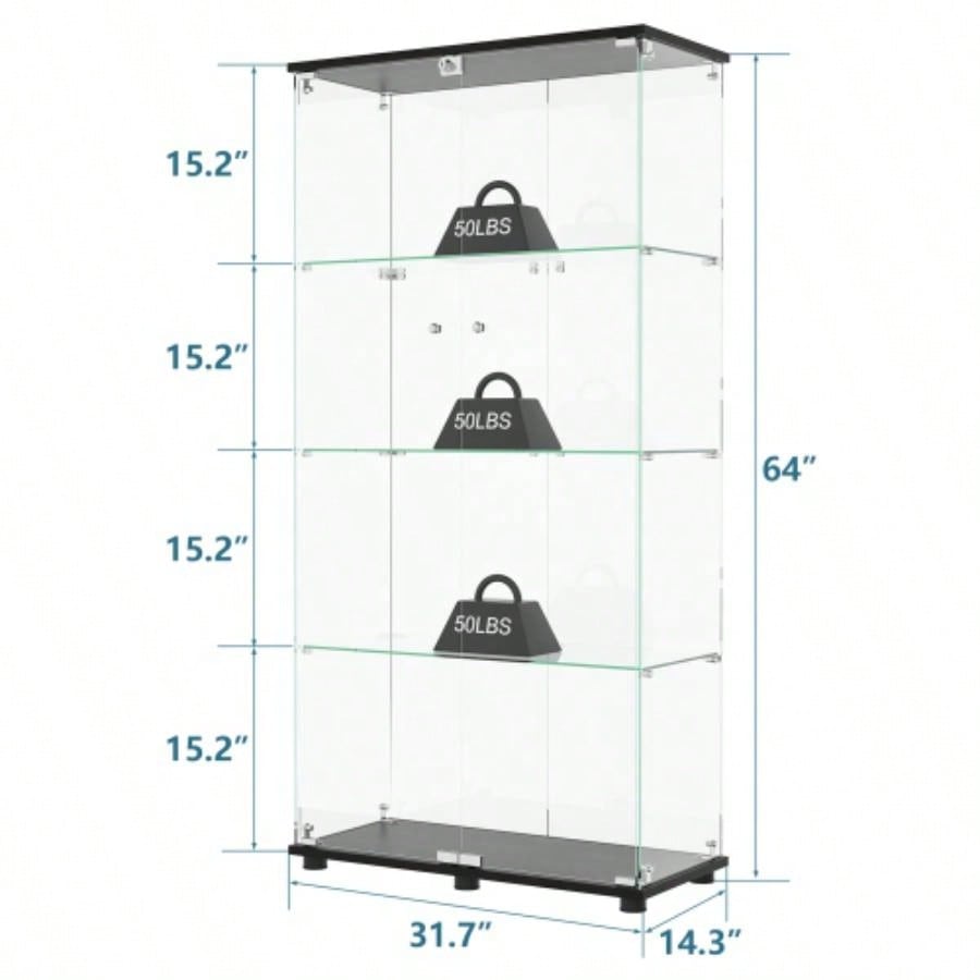 Glass Display Cabinet with 4 - Shelf Double Doors and Lock, Curio Cabinet 5mm Tempered Glass Floor Standing Bookshelf Living Room, Bedroom, Office, 64x 31. 14.3 in, Black