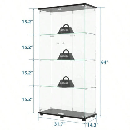 Glass Display Cabinet with 4 - Shelf Double Doors and Lock, Curio Cabinet 5mm Tempered Glass Floor Standing Bookshelf Living Room, Bedroom, Office, 64x 31. 14.3 in, Black