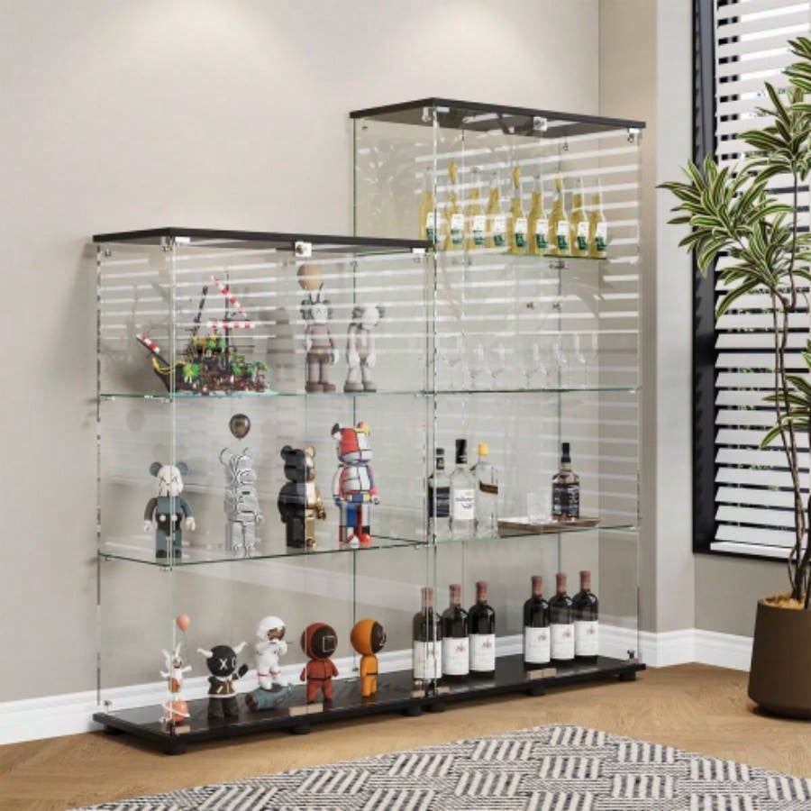 Glass Display Cabinet with 4 - Shelf Double Doors and Lock, Curio Cabinet 5mm Tempered Glass Floor Standing Bookshelf Living Room, Bedroom, Office, 64x 31. 14.3 in, Black
