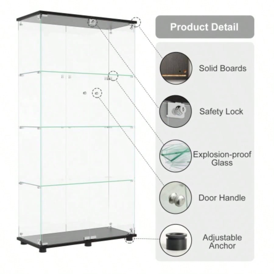 Glass Display Cabinet with 4 - Shelf Double Doors and Lock, Curio Cabinet 5mm Tempered Glass Floor Standing Bookshelf Living Room, Bedroom, Office, 64x 31. 14.3 in, Black