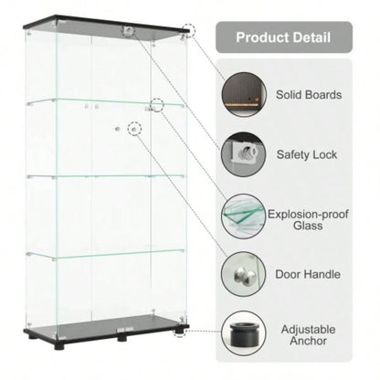 Glass Display Cabinet with 4 - Shelf Double Doors and Lock, Curio Cabinet 5mm Tempered Glass Floor Standing Bookshelf Living Room, Bedroom, Office, 64x 31. 14.3 in, Black