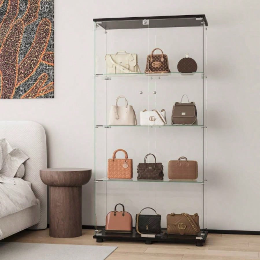 Glass Display Cabinet with 4 - Shelf Double Doors and Lock, Curio Cabinet 5mm Tempered Glass Floor Standing Bookshelf Living Room, Bedroom, Office, 64x 31. 14.3 in, Black