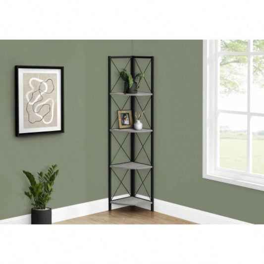 Bookshelf, Bookcase, Etagere, Corner, 4 Tier, 60h, Office, Bedroom, Laminate, Black Metal, Contemporary, Modern