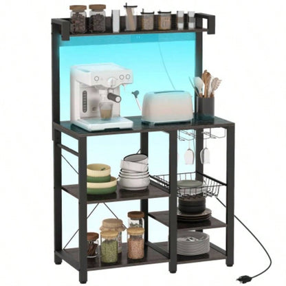HOMCOM Bakers Rack with Power Outlet and LED Lights, Bakers Racks Kitchens with Storage, Industrial Microwave Stand with Glass Holders, Metal Basket, Multiple Shelves, Gray