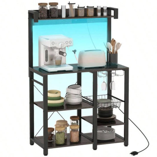 HOMCOM Bakers Rack with Power Outlet and LED Lights, Bakers Racks Kitchens with Storage, Industrial Microwave Stand with Glass Holders, Metal Basket, Multiple Shelves, Gray