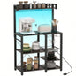 HOMCOM Bakers Rack with Power Outlet and LED Lights, Bakers Racks Kitchens with Storage, Industrial Microwave Stand with Glass Holders, Metal Basket, Multiple Shelves, Gray