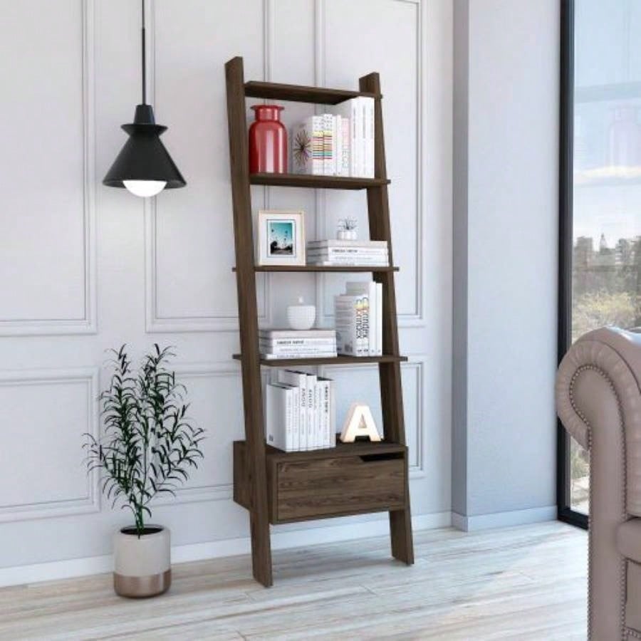 New Haven 1 - Drawer 4 - Shelf Ladder Bookcase Dark Walnut