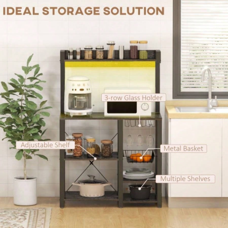 HOMCOM Bakers Rack with Power Outlet and LED Lights, Bakers Racks Kitchens with Storage, Industrial Microwave Stand with Glass Holders, Metal Basket, Multiple Shelves, Gray