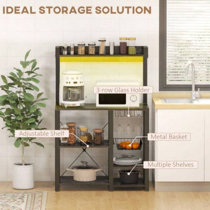 HOMCOM Bakers Rack with Power Outlet and LED Lights, Bakers Racks Kitchens with Storage, Industrial Microwave Stand with Glass Holders, Metal Basket, Multiple Shelves, Gray