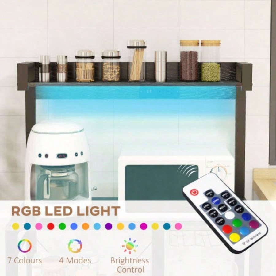 HOMCOM Bakers Rack with Power Outlet and LED Lights, Bakers Racks Kitchens with Storage, Industrial Microwave Stand with Glass Holders, Metal Basket, Multiple Shelves, Gray