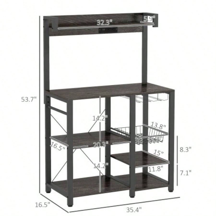 HOMCOM Bakers Rack with Power Outlet and LED Lights, Bakers Racks Kitchens with Storage, Industrial Microwave Stand with Glass Holders, Metal Basket, Multiple Shelves, Gray