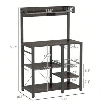 HOMCOM Bakers Rack with Power Outlet and LED Lights, Bakers Racks Kitchens with Storage, Industrial Microwave Stand with Glass Holders, Metal Basket, Multiple Shelves, Gray
