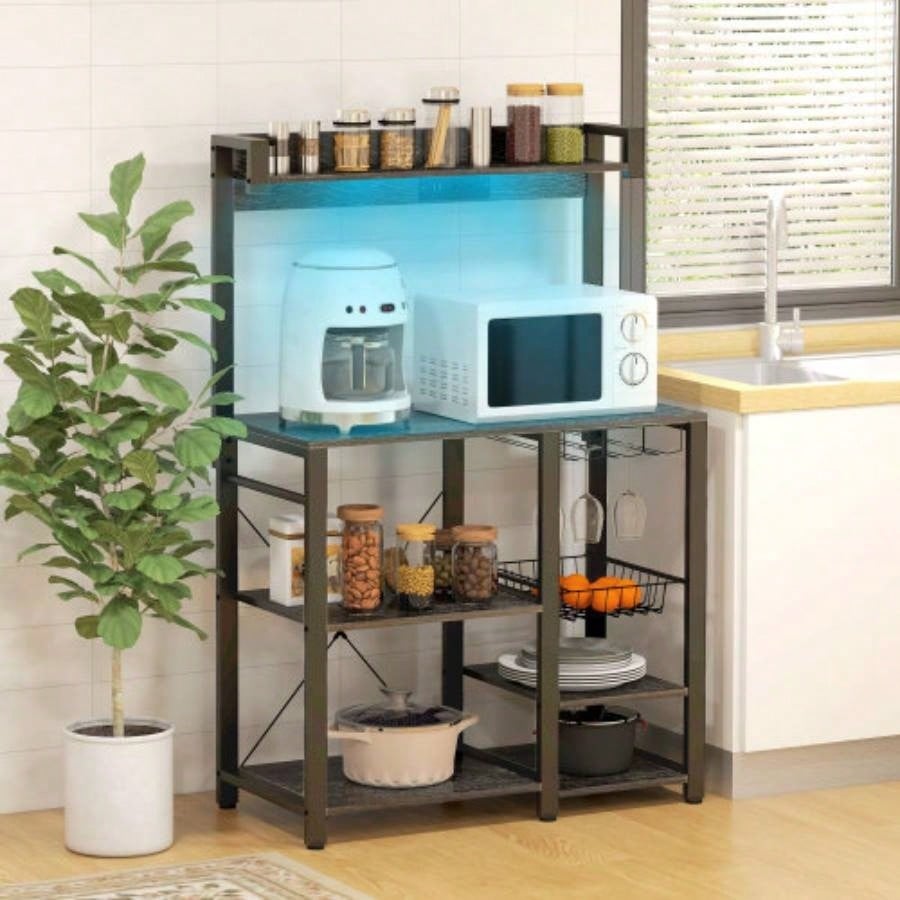 HOMCOM Bakers Rack with Power Outlet and LED Lights, Bakers Racks Kitchens with Storage, Industrial Microwave Stand with Glass Holders, Metal Basket, Multiple Shelves, Gray