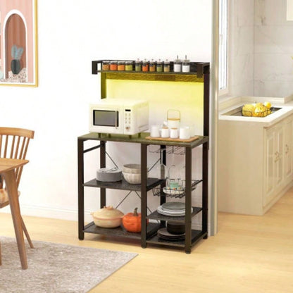 HOMCOM Bakers Rack with Power Outlet and LED Lights, Bakers Racks Kitchens with Storage, Industrial Microwave Stand with Glass Holders, Metal Basket, Multiple Shelves, Gray