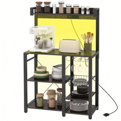 HOMCOM Bakers Rack with Power Outlet and LED Lights, Bakers Racks Kitchens with Storage, Industrial Microwave Stand with Glass Holders, Metal Basket, Multiple Shelves, Gray