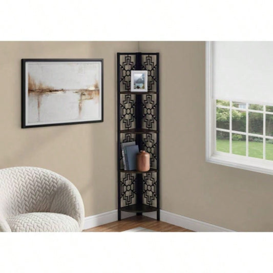 Bookshelf, Bookcase, Etagere, Corner, 4 Tier, 62h, Office, Bedroom, Brown Laminate, Black Metal, Transitional