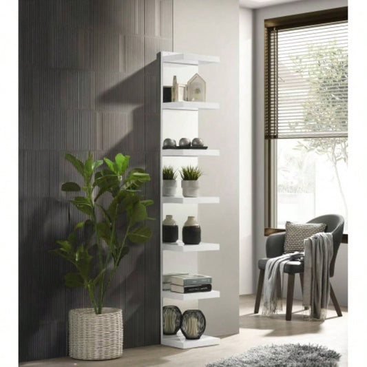 1pc Glam White Open Shelving Rack with Mirrored Back Living Room Wooden Furniture