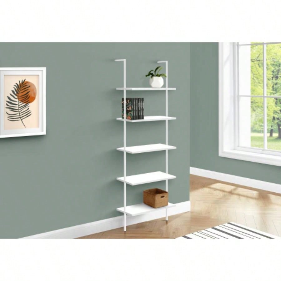 Bookshelf, Bookcase, Etagere, Ladder, 5 Tier, 72h, Office, Bedroom, White Laminate, White Metal, Contemporary, Modern