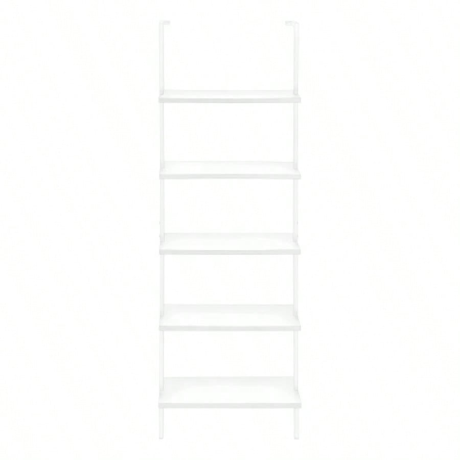 Bookshelf, Bookcase, Etagere, Ladder, 5 Tier, 72h, Office, Bedroom, White Laminate, White Metal, Contemporary, Modern