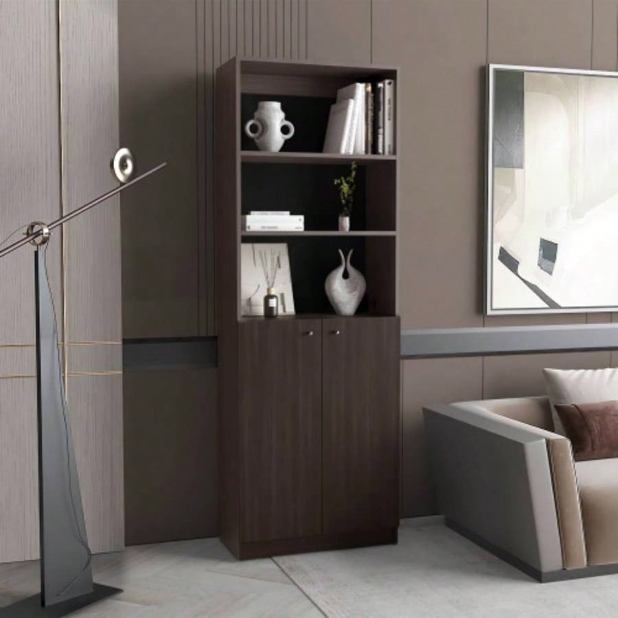 Home 2 Door Bookcase With Two Open Shelves And Concealed Storage, Stained Walnut