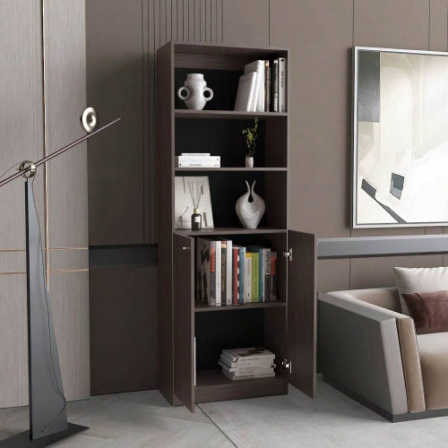 Home 2 Door Bookcase With Two Open Shelves And Concealed Storage, Stained Walnut