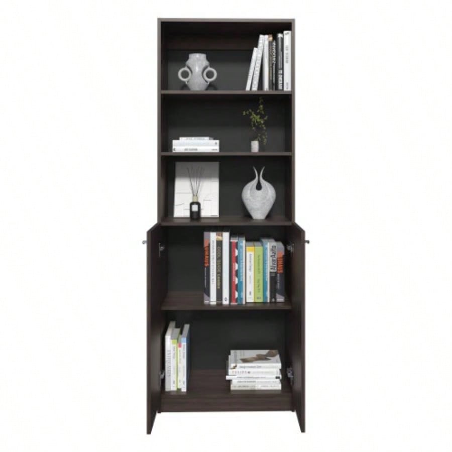 Home 2 Door Bookcase With Two Open Shelves And Concealed Storage, Stained Walnut