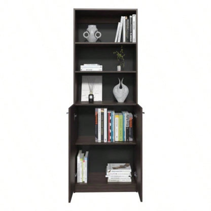 Home 2 Door Bookcase With Two Open Shelves And Concealed Storage, Stained Walnut