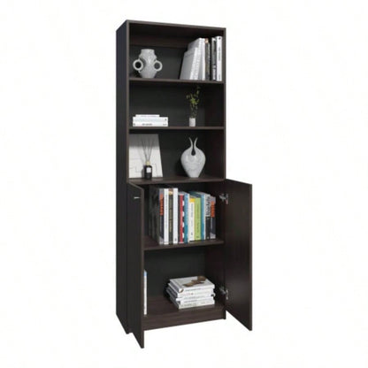 Home 2 Door Bookcase With Two Open Shelves And Concealed Storage, Stained Walnut